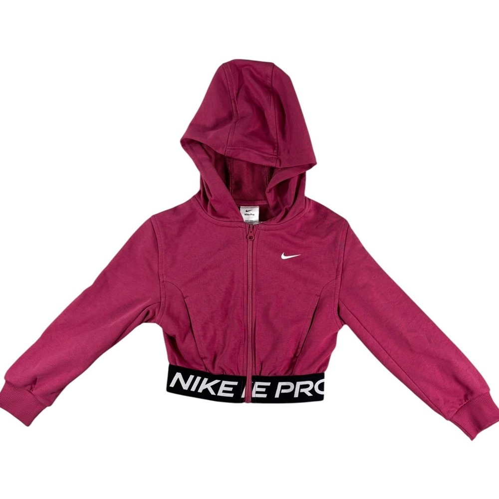 Nike Pro Dri Fit Jacket Girls XS Pink Fleece Lined Hooded Sweat Wicking Full Zip